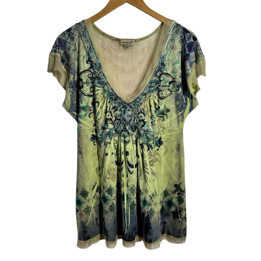 One World Top Women M Lime Green Mesh Sheer Back Bling Sparkly Fairy Y2K Babydol